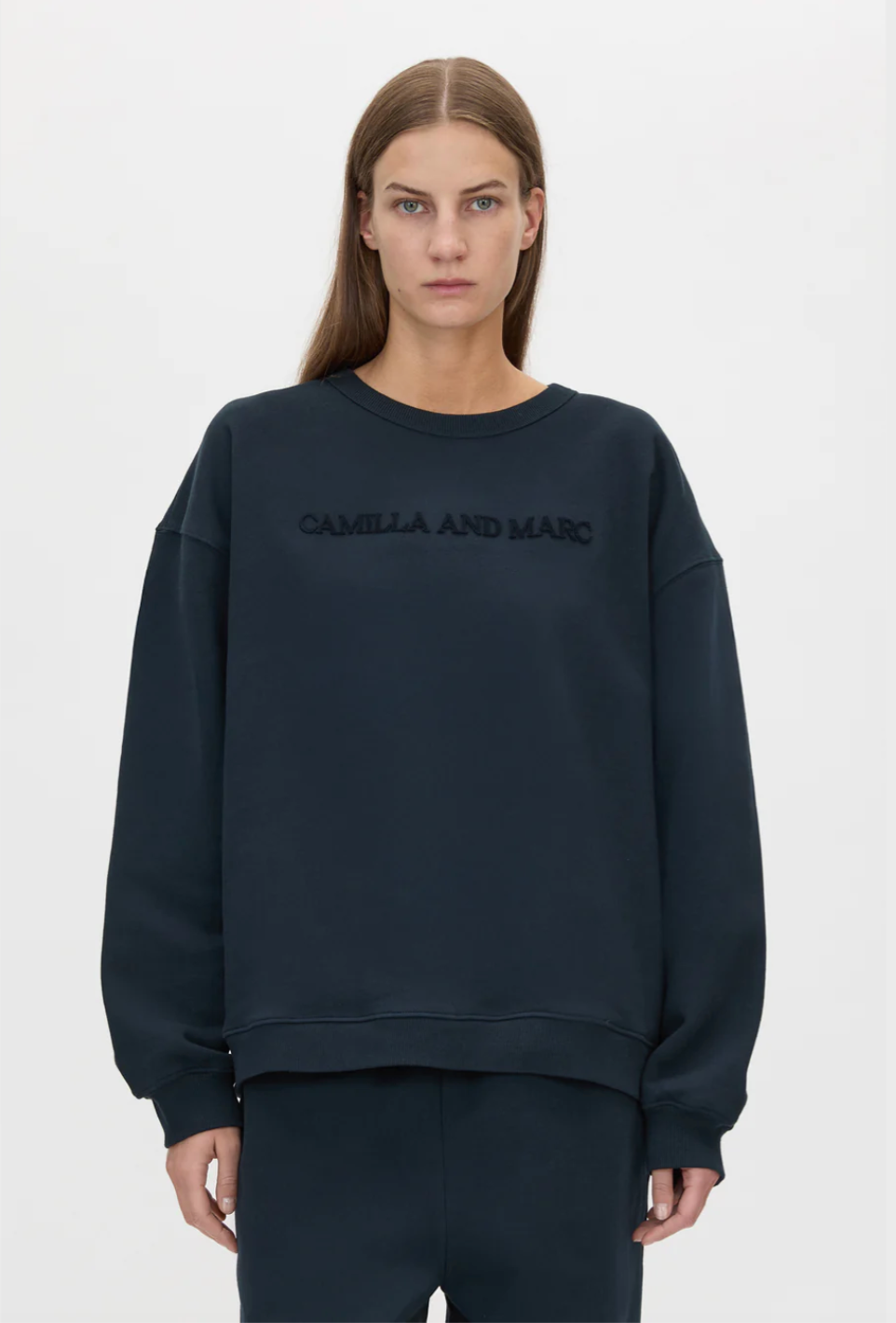 Camila and Marc Tia Flocking Logo Crew Deep Ink