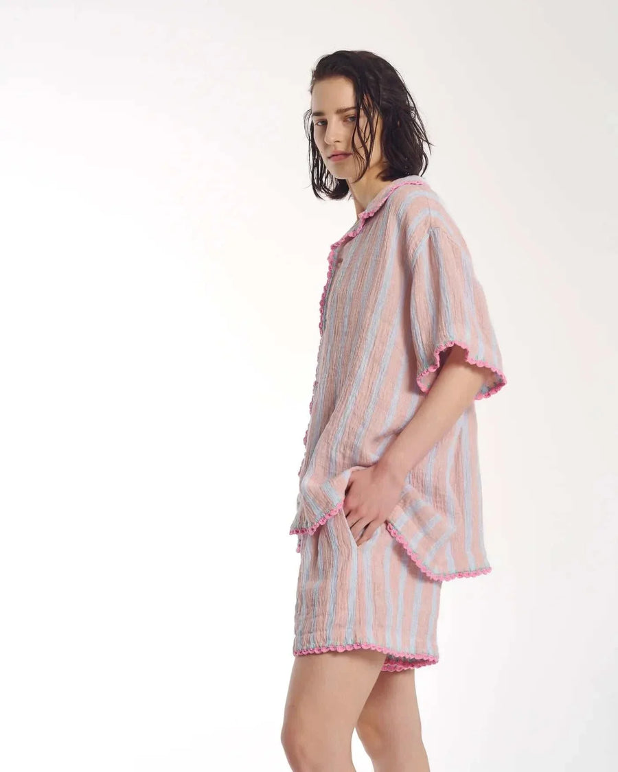 The Tales Hand Crochet Trimmed Stripe Linen Shirt Rose