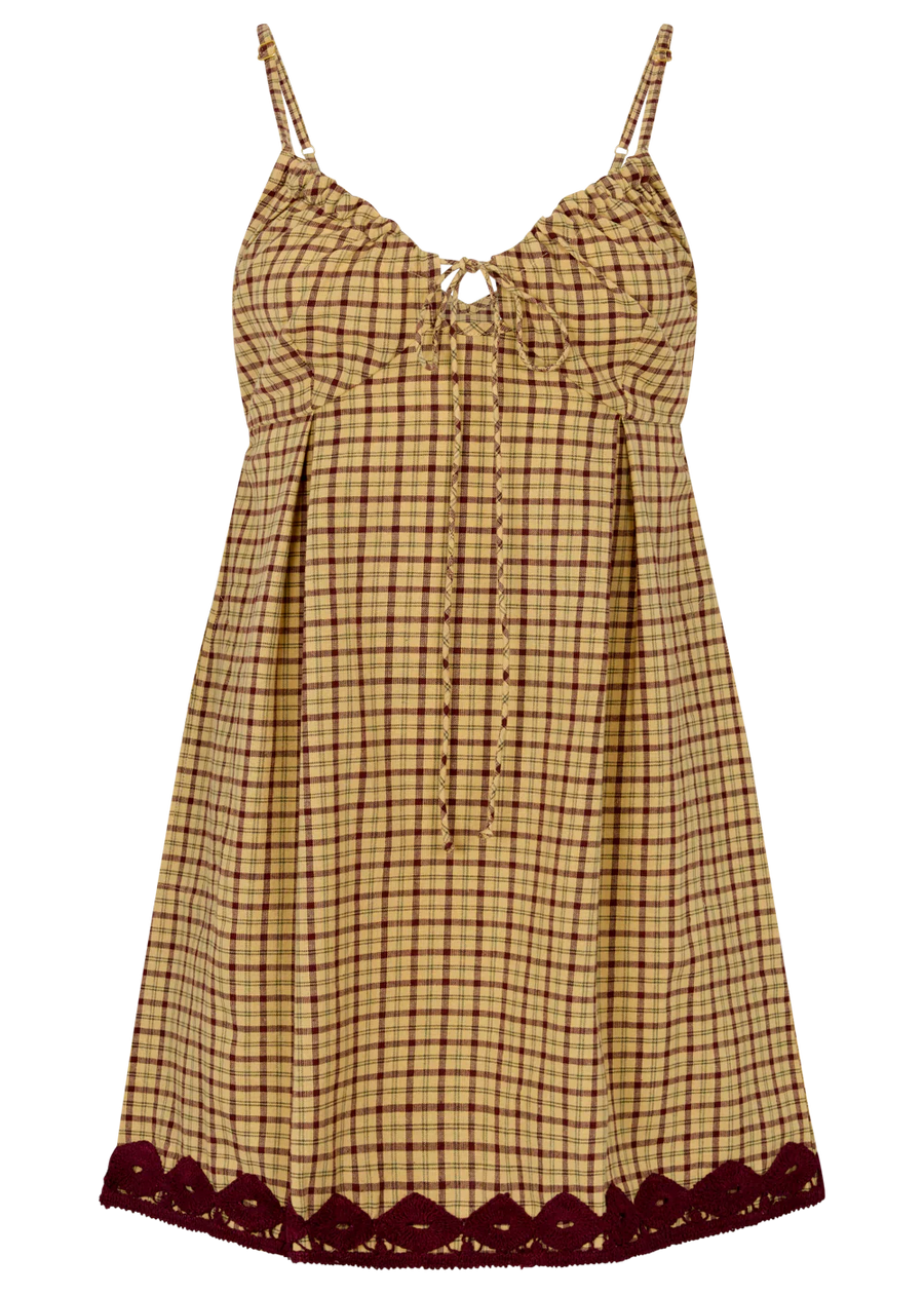 Ciao Ciao Vacation Tartan Babydoll Brown Check Mini Dress