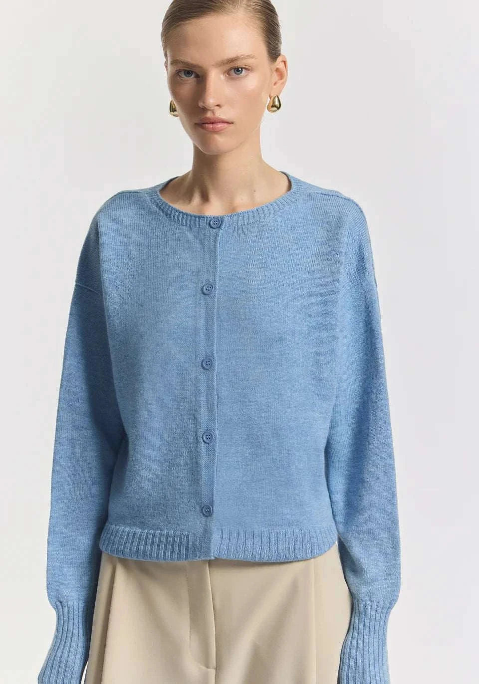 Viktoria and Woods Hart Merino Wool Caridgan Portrait Blue