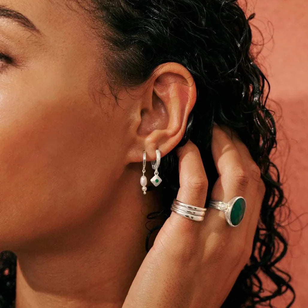 Murkani Wandering Soul Green Onyx Huggie Earrings Silver