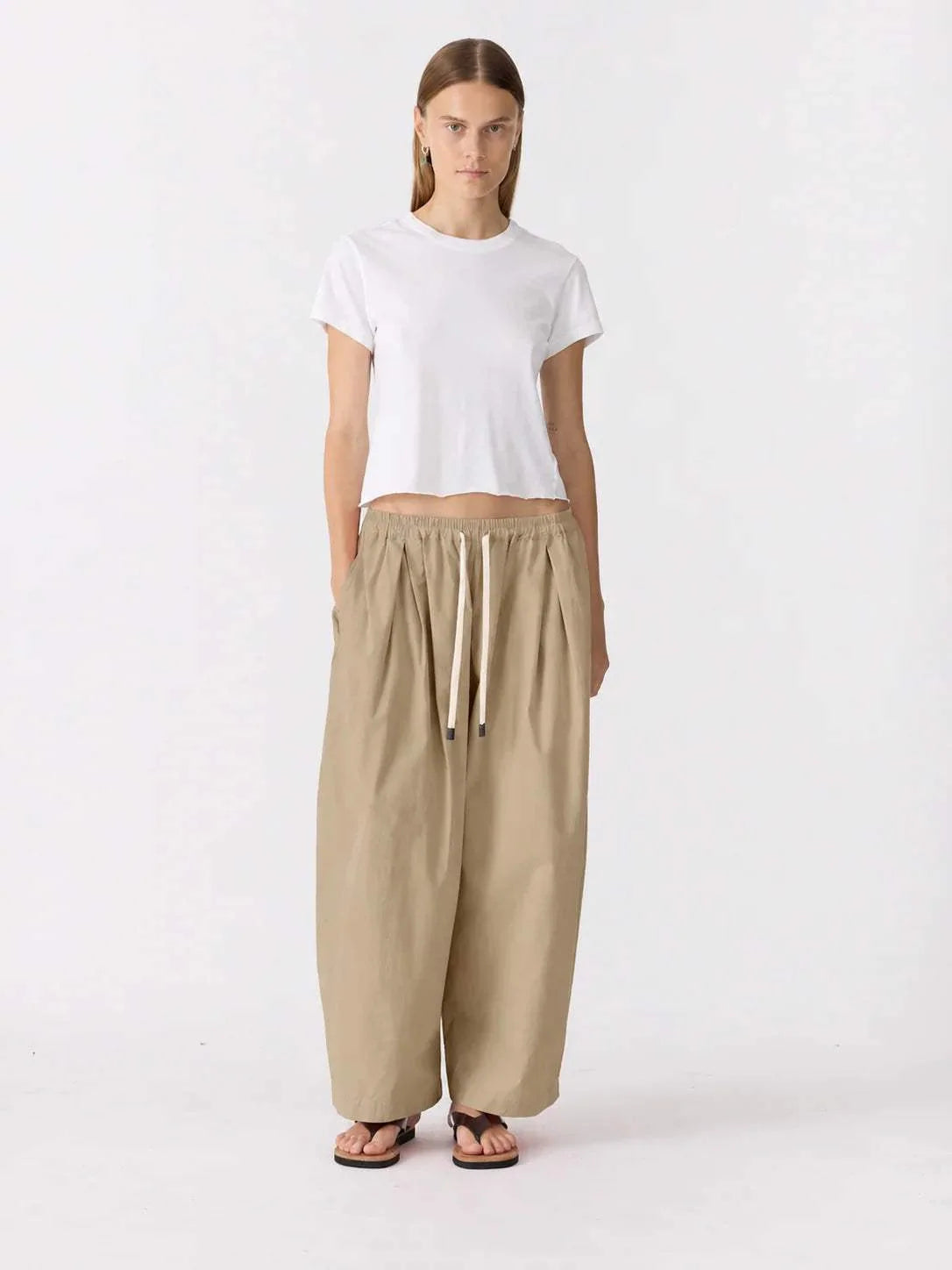 Bassike Crushed Cotton Pleated Pant Taupe