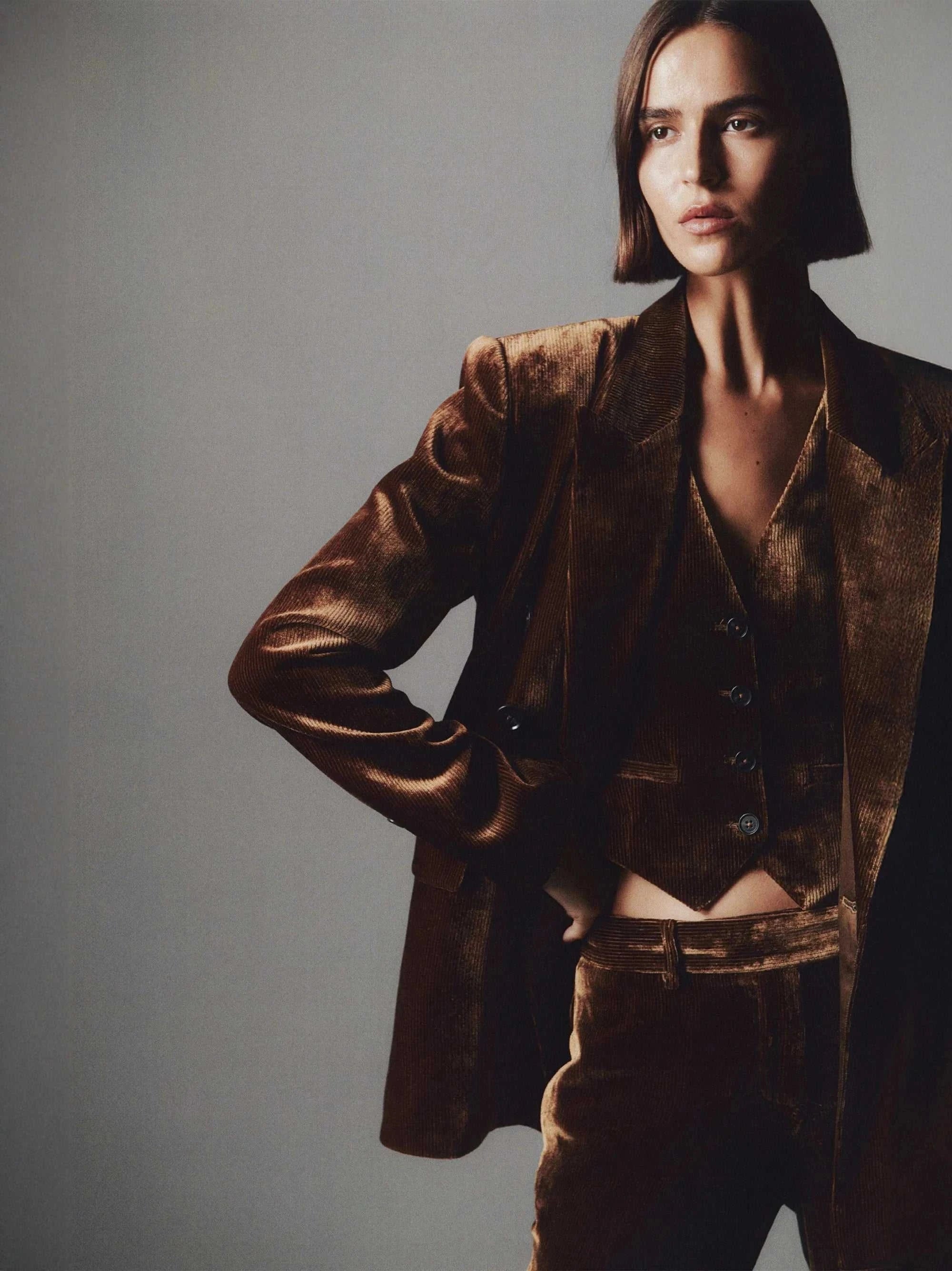 Courtney Zheng Xander Silk Velvet Corduroy Blazer Cognac