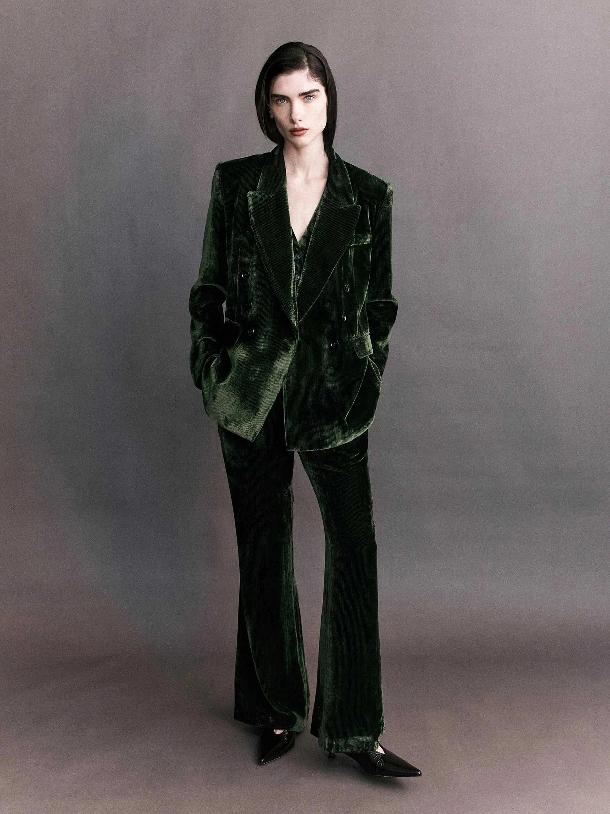 Courtney Zheng Xander Silk Velvet Corduroy Blazer Moss