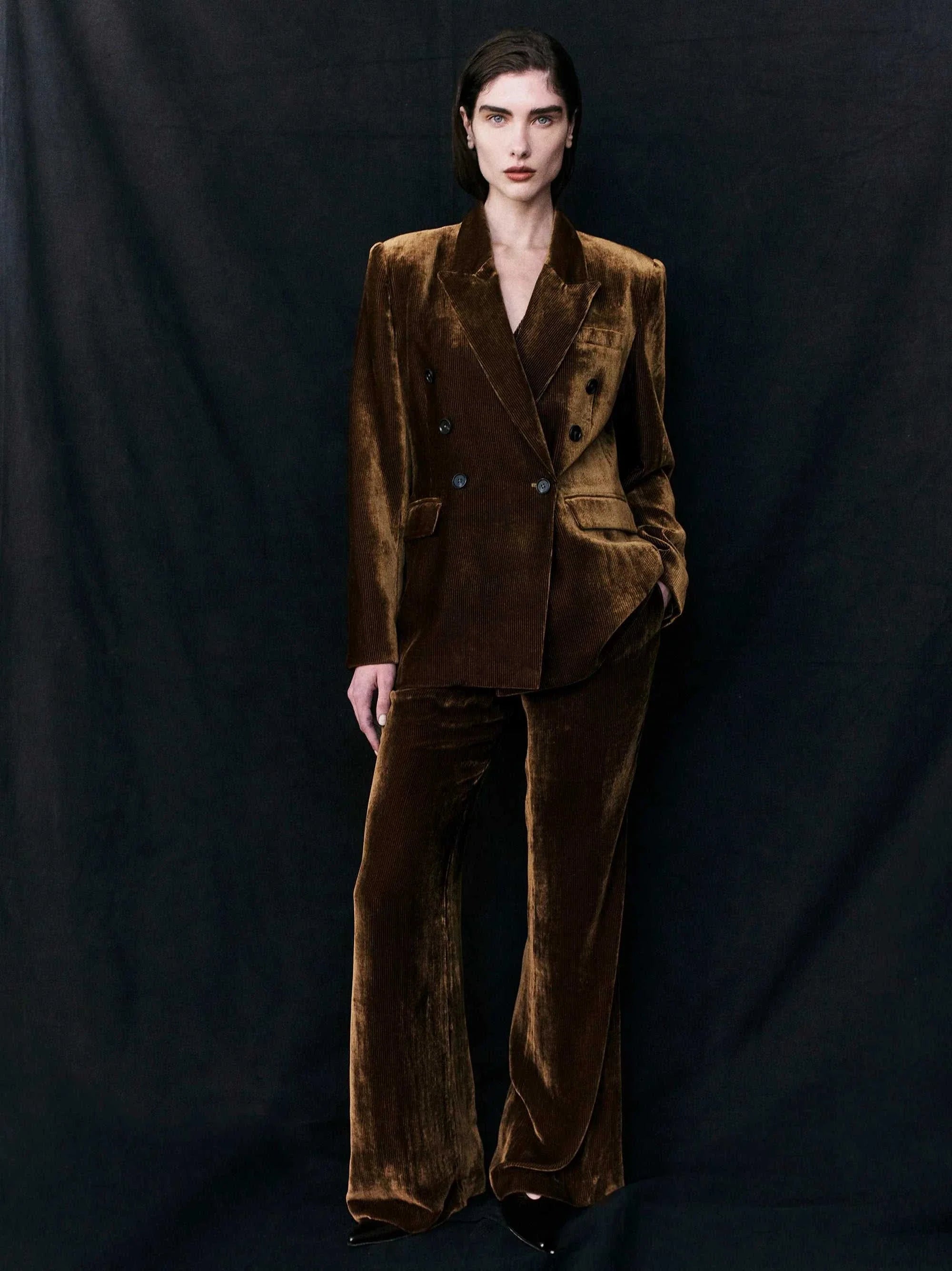 Courtney Zheng Xander Silk Velvet Corduroy Blazer Cognac