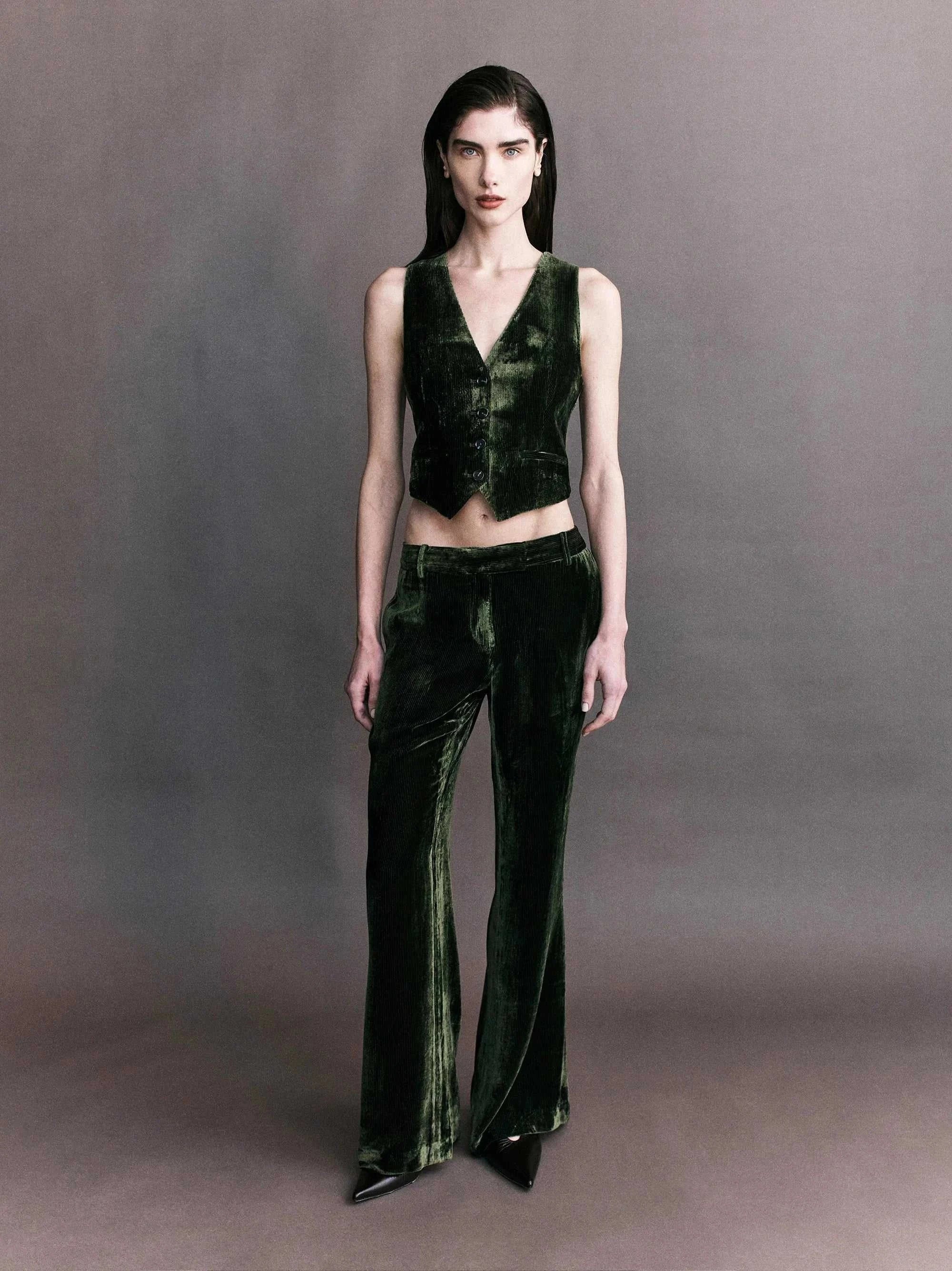 Courtney Zheng Xander Silk Velvet Corduroy Pants Moss