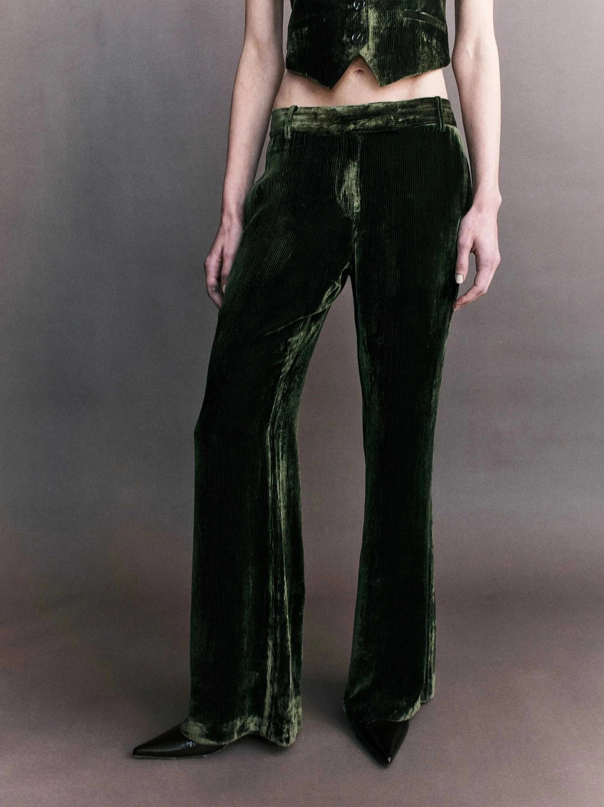 Courtney Zheng Xander Silk Velvet Corduroy Pants Moss