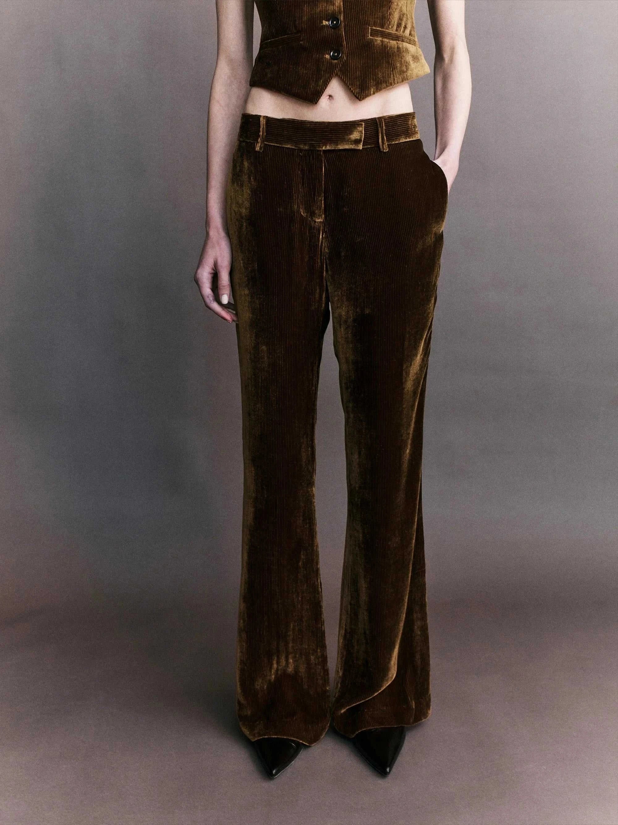 Courtney Zheng Xander Silk Velvet Corduroy Pants Cognac