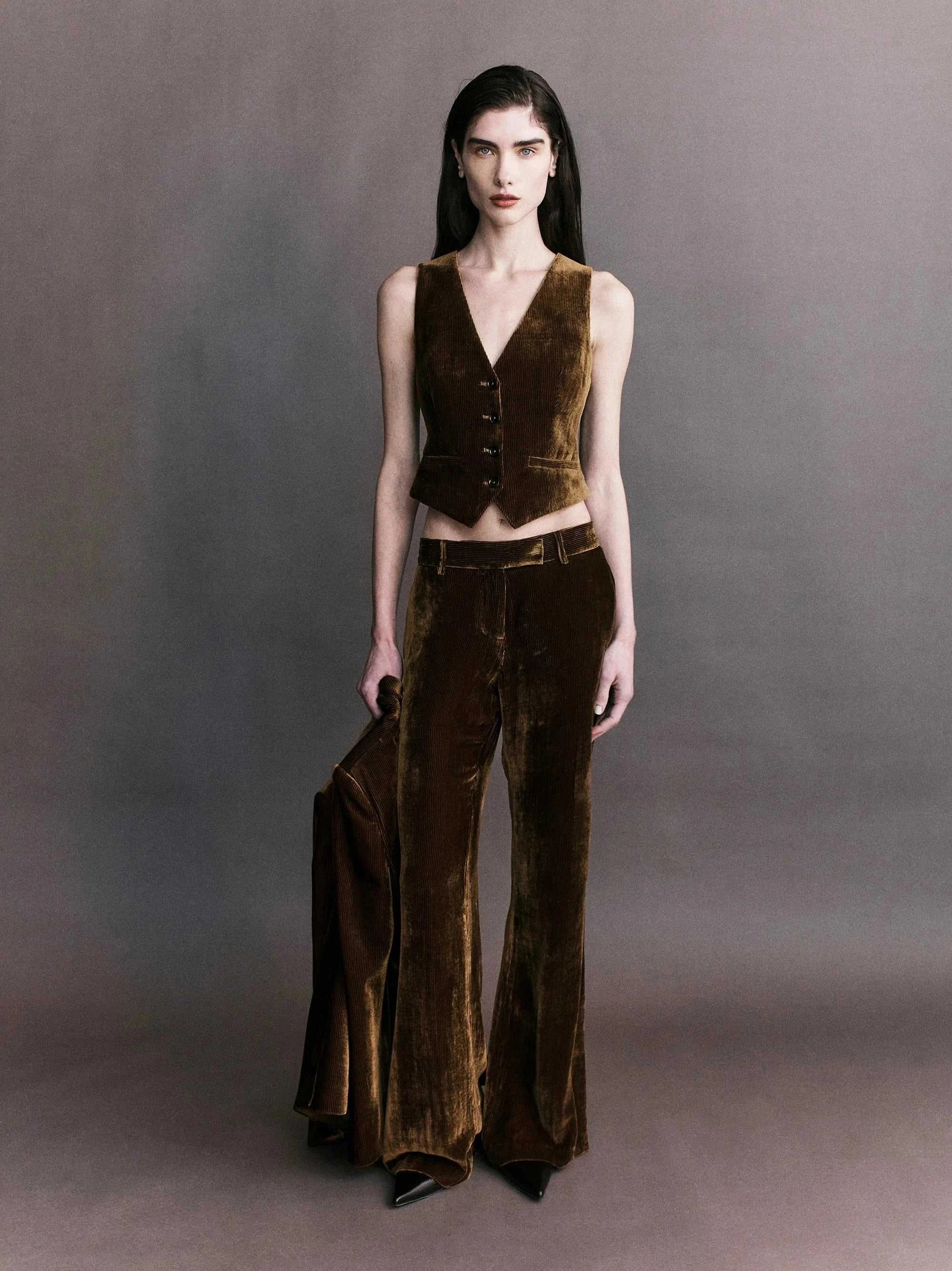 Courtney Zheng Xander Silk Velvet Corduroy Pants Cognac