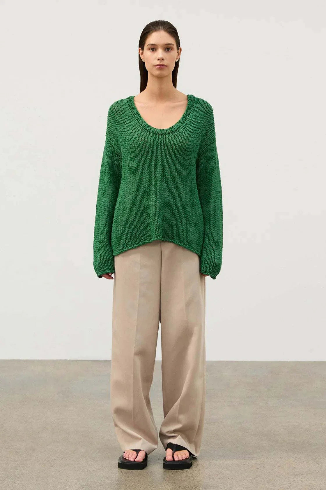 Zulu and Zephyr Linen Blend Hand Knit Jumper Tallow Green