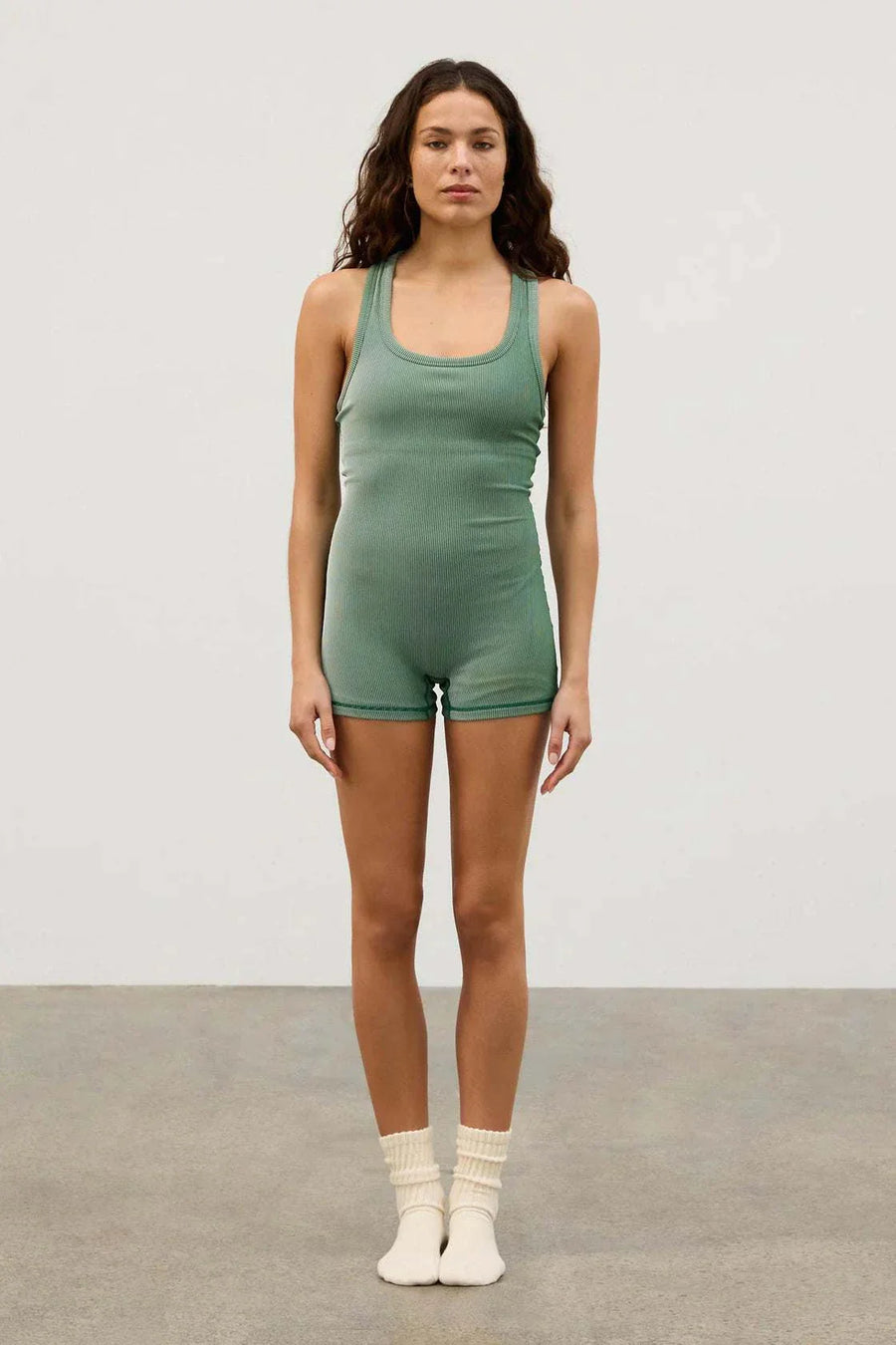 Zulu and Zephyr Stripe Rib Racer Back Bodysuit Tallow Green