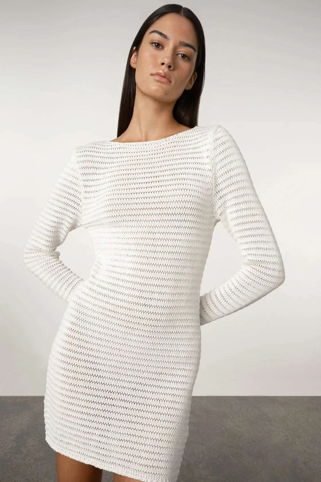 Zulu and Zephyr Crochet Lattice Knit Mini Dress White
