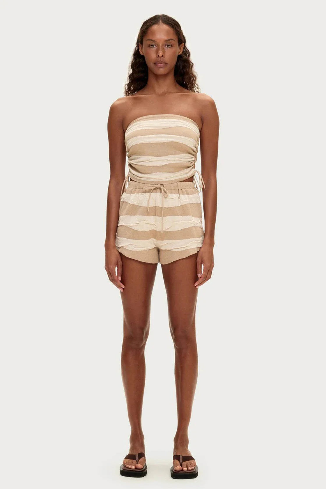 Zulu and Zephyr Textured Knit Bandeau Top Natural Stripe