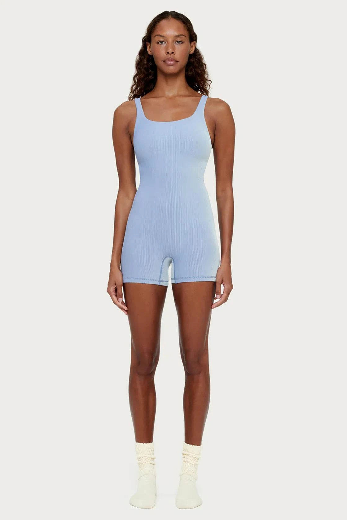 Zulu and Zephyr Stripe Rib 4 Inch Bodysuit Denim Blue