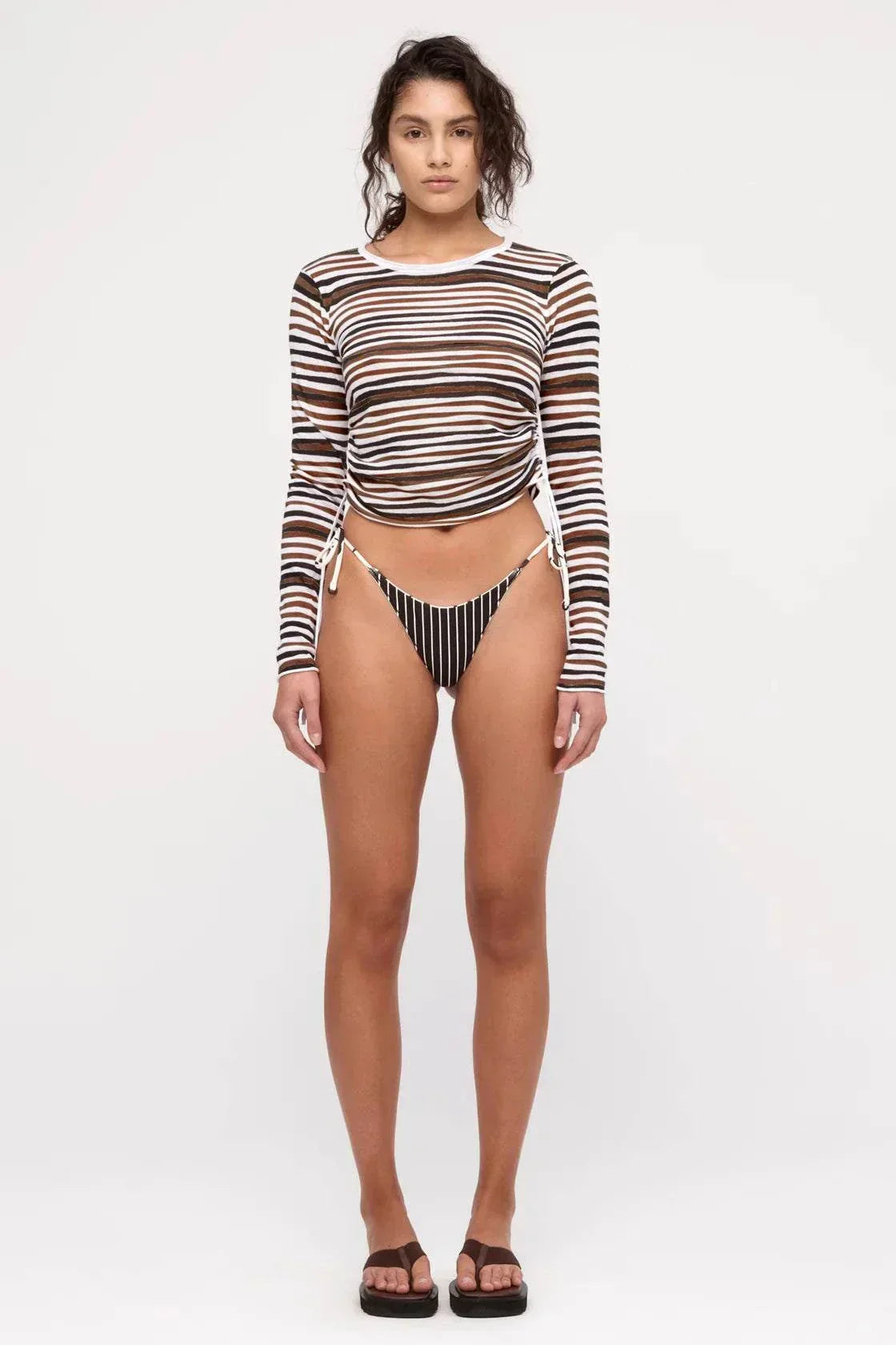 Zulu and Zephyr Gathered Long Sleeve Knit Top Black Stripe
