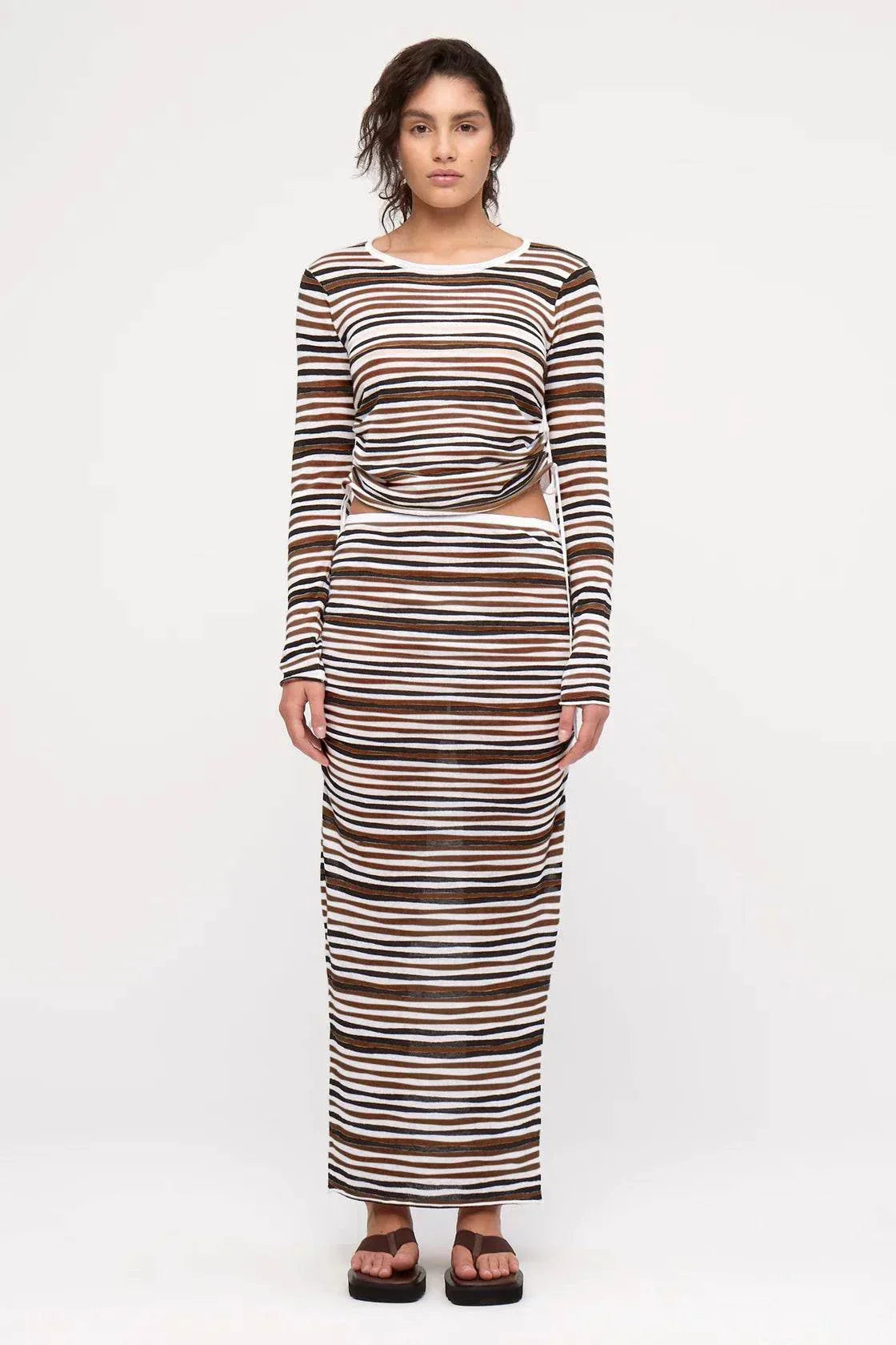 Zulu and Zephyr Gathered Long Sleeve Knit Top Black Stripe