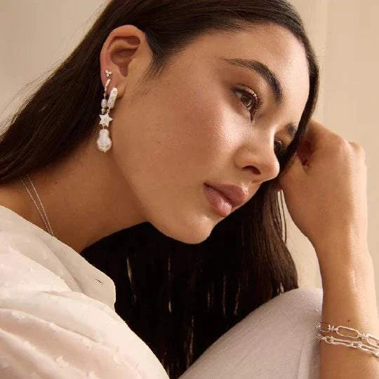 Murkani Cosmic Love Long Star Earrings with Pearl Silver