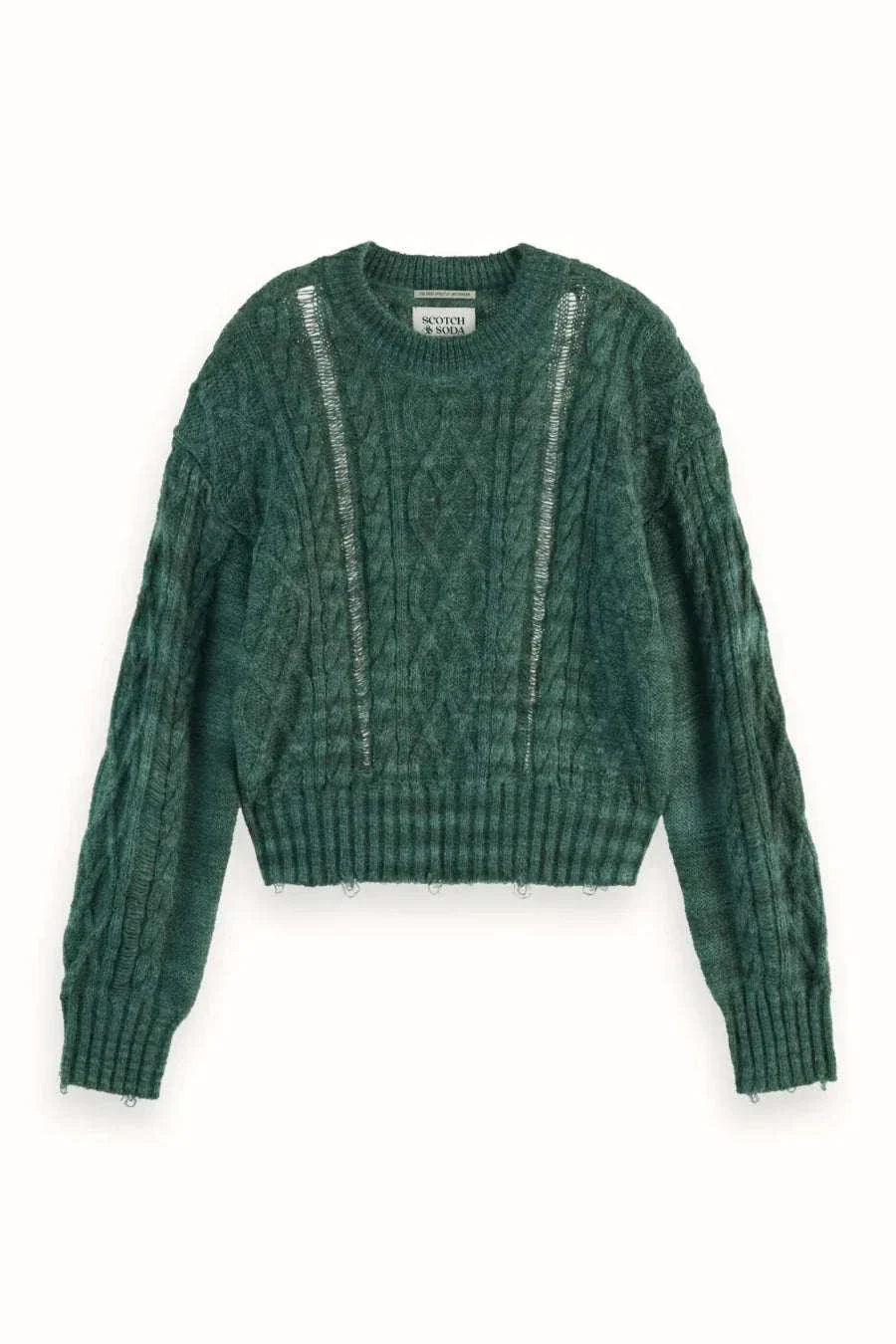 Scotch and Soda Distressed Cable Stitch Cropped Pullover Space Dye Green