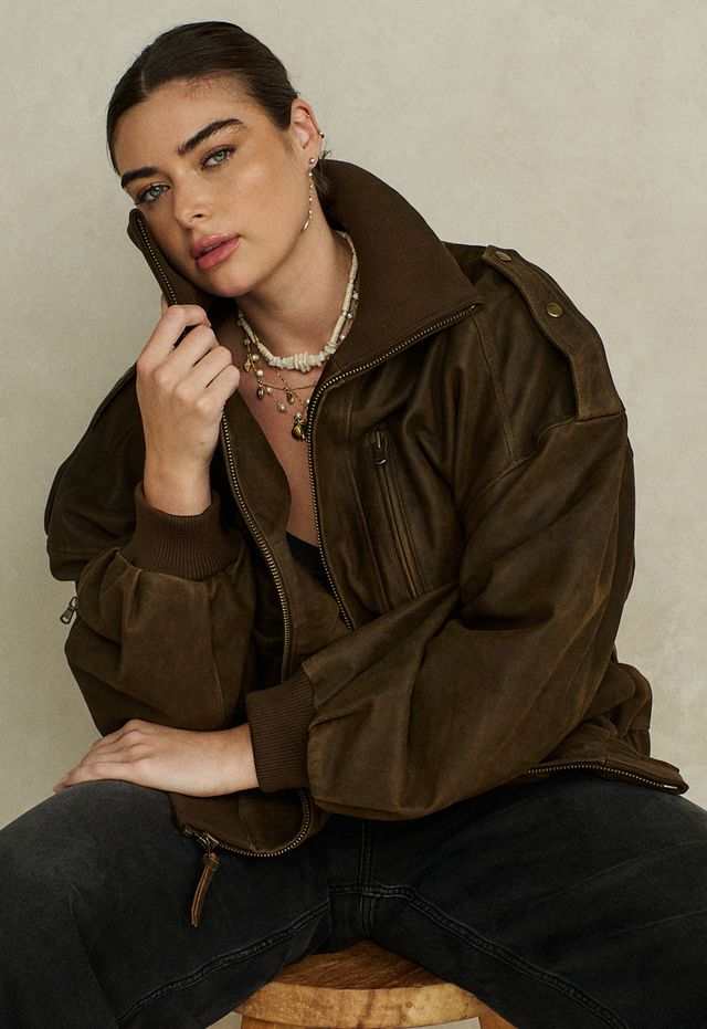 Spell Fontaine Leather Bomber Jacket Vintage Brown