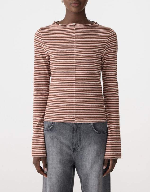 Bassike Stripe Seam Detail Long Sleeve Top Pink Orange Plum