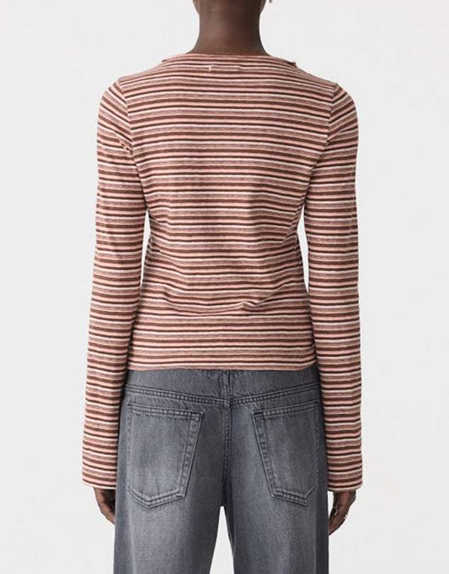 Bassike Stripe Seam Detail Long Sleeve Top Pink Orange Plum