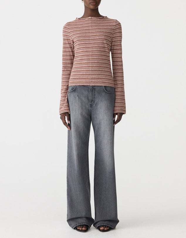 Bassike Stripe Seam Detail Long Sleeve Top Pink Orange Plum