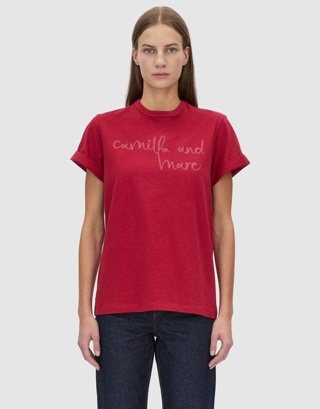 Camilla and Marc Maren Logo Roll Sleeve Tee Ruby Red