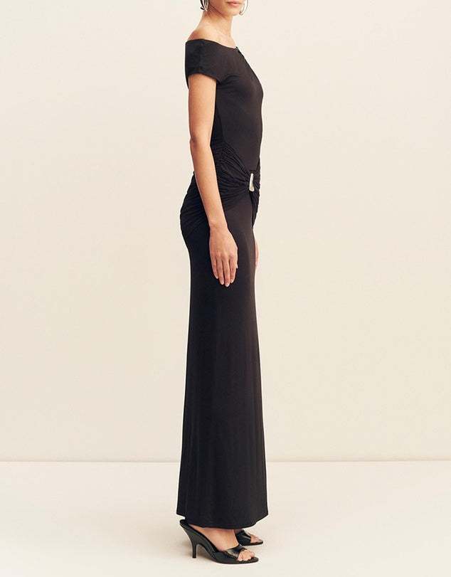 Shona Joy Miro Asymmetrical Gathered Maxi Dress Black