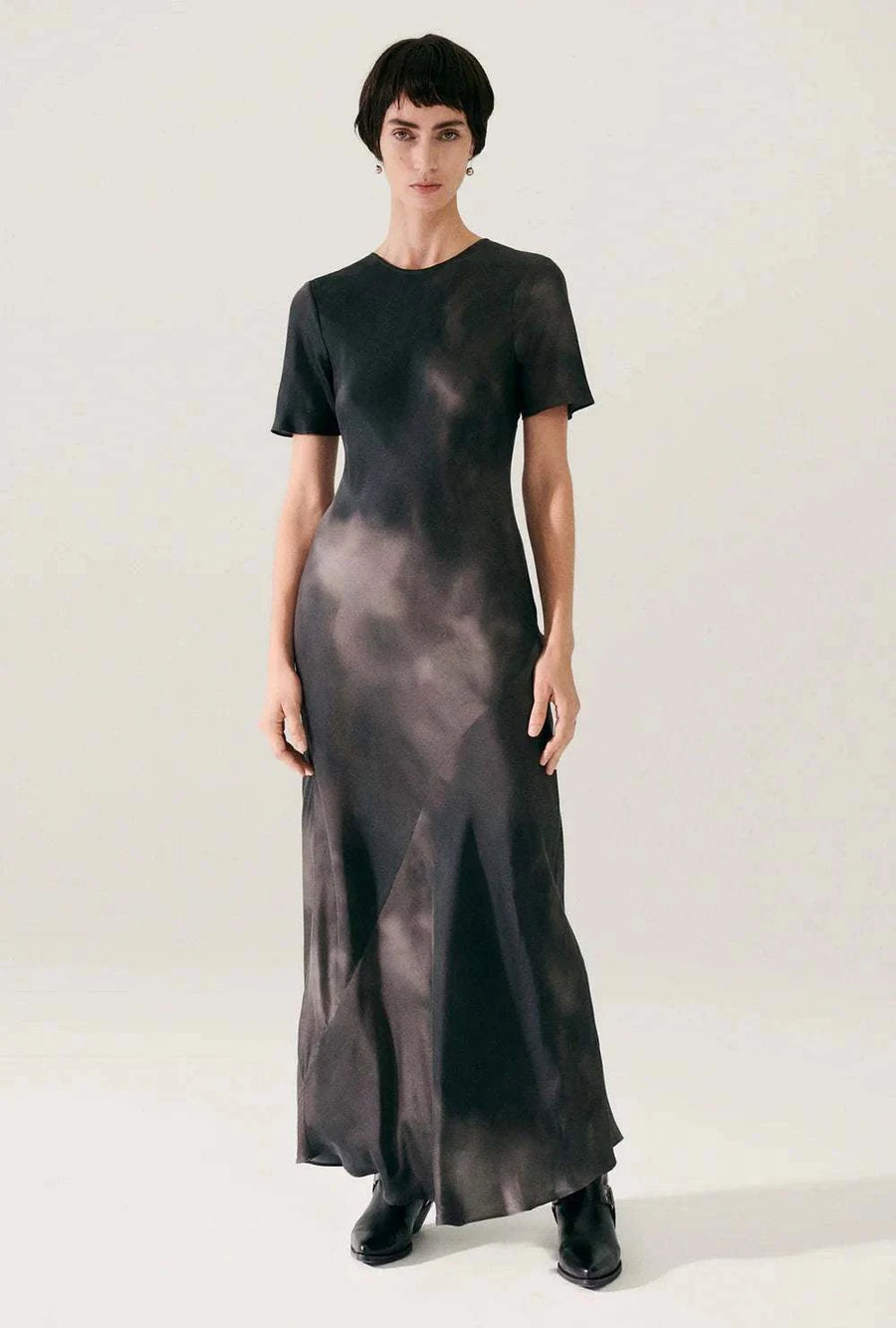 Silk Laundry Short Sleeve Bias Dress Smoke