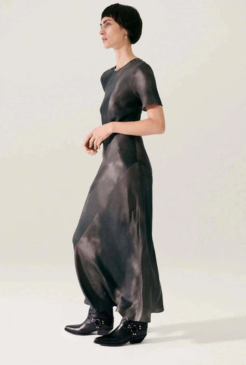 Silk Laundry Short Sleeve Bias Dress Smoke