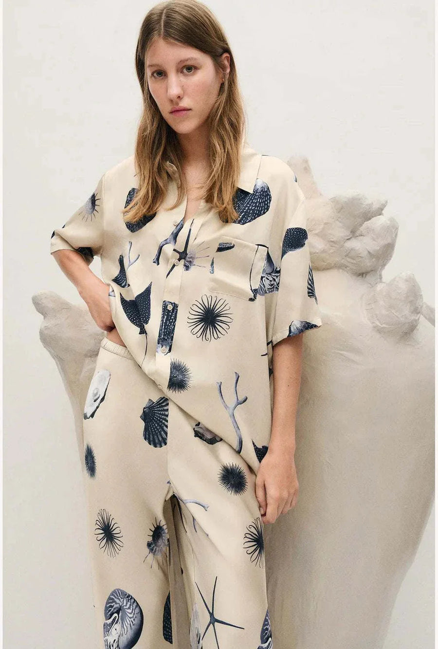 Silk Laundry Short Sleeve Boyfriend Shirt Seashells