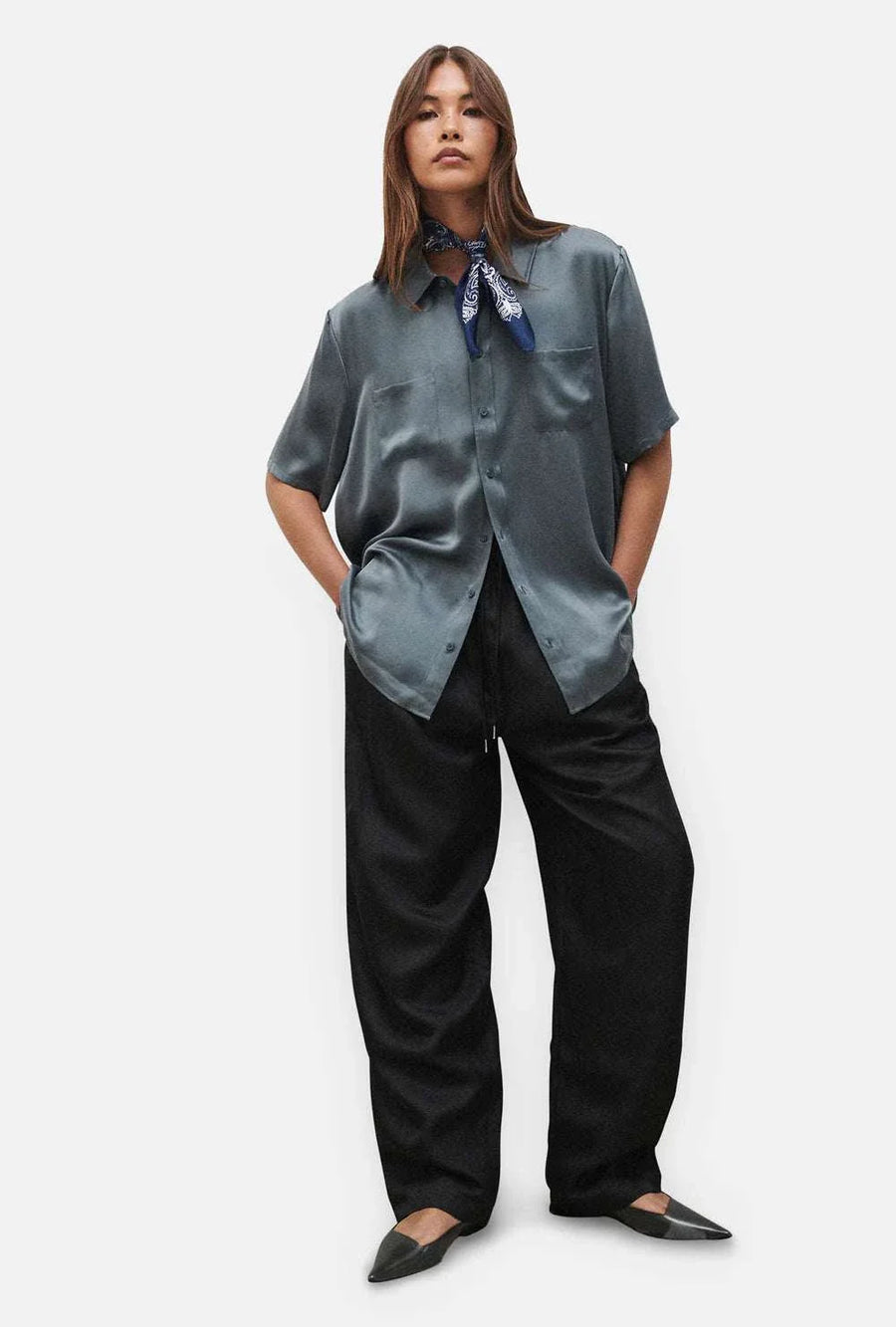 Silk Laundry Short Sleeve Boyfriend Shirt Slate