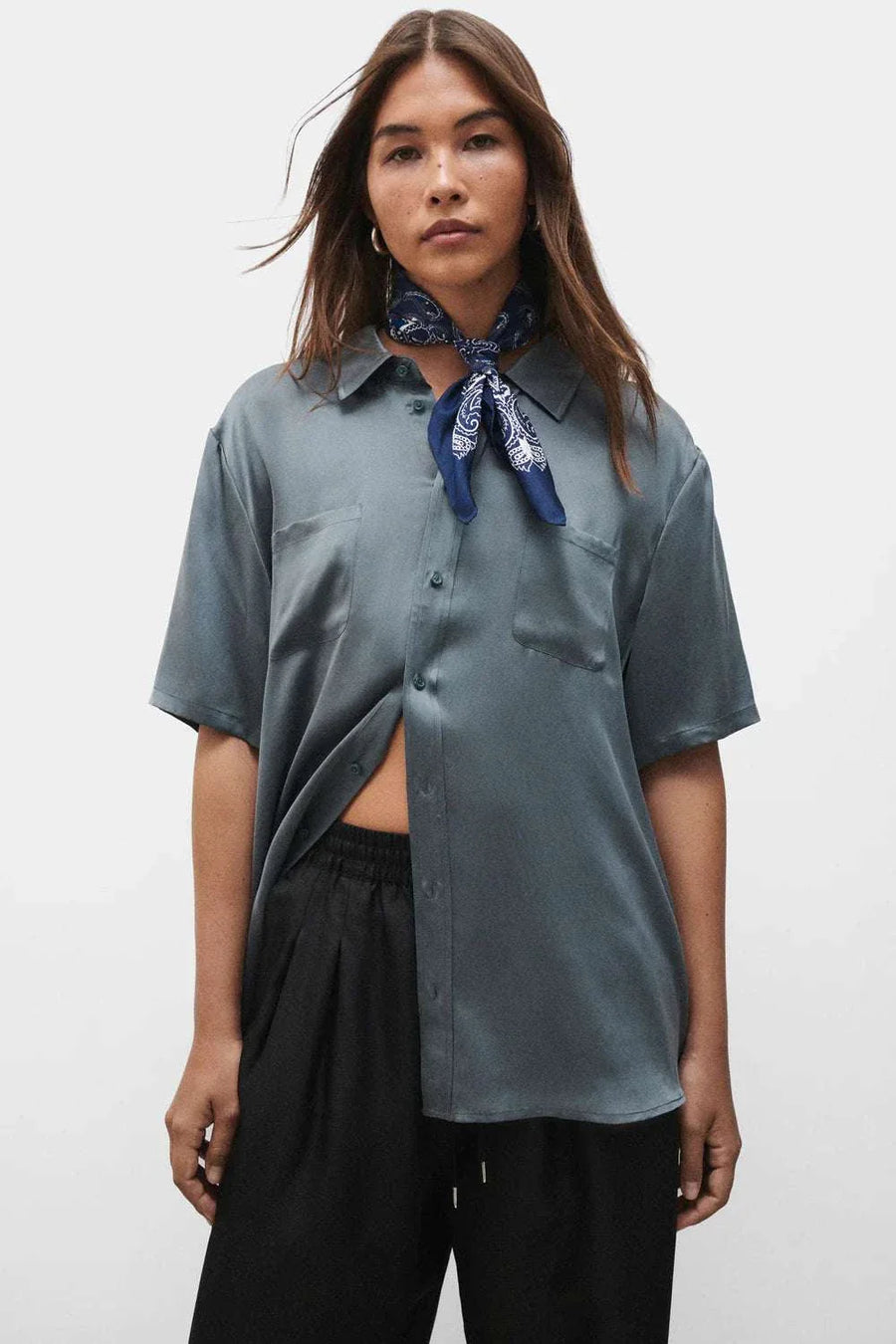 Silk Laundry Short Sleeve Boyfriend Shirt Slate