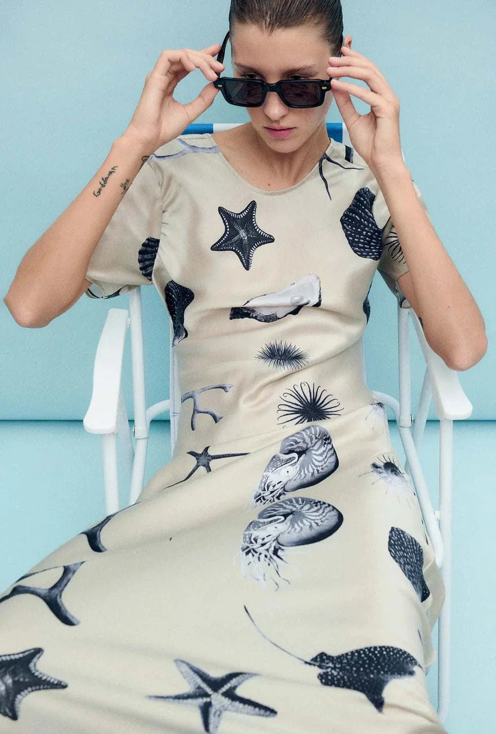 Silk Laundry Short Sleeve Bias Dress Seashells