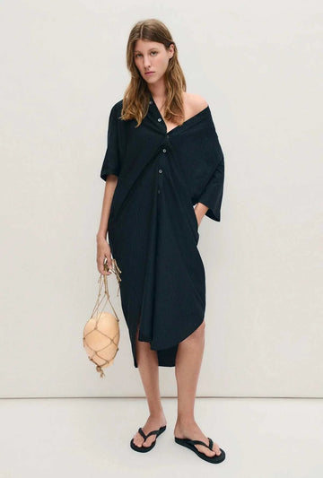 Silk Laundry Short Sleeve Boyfriend Shirt Dress Black 