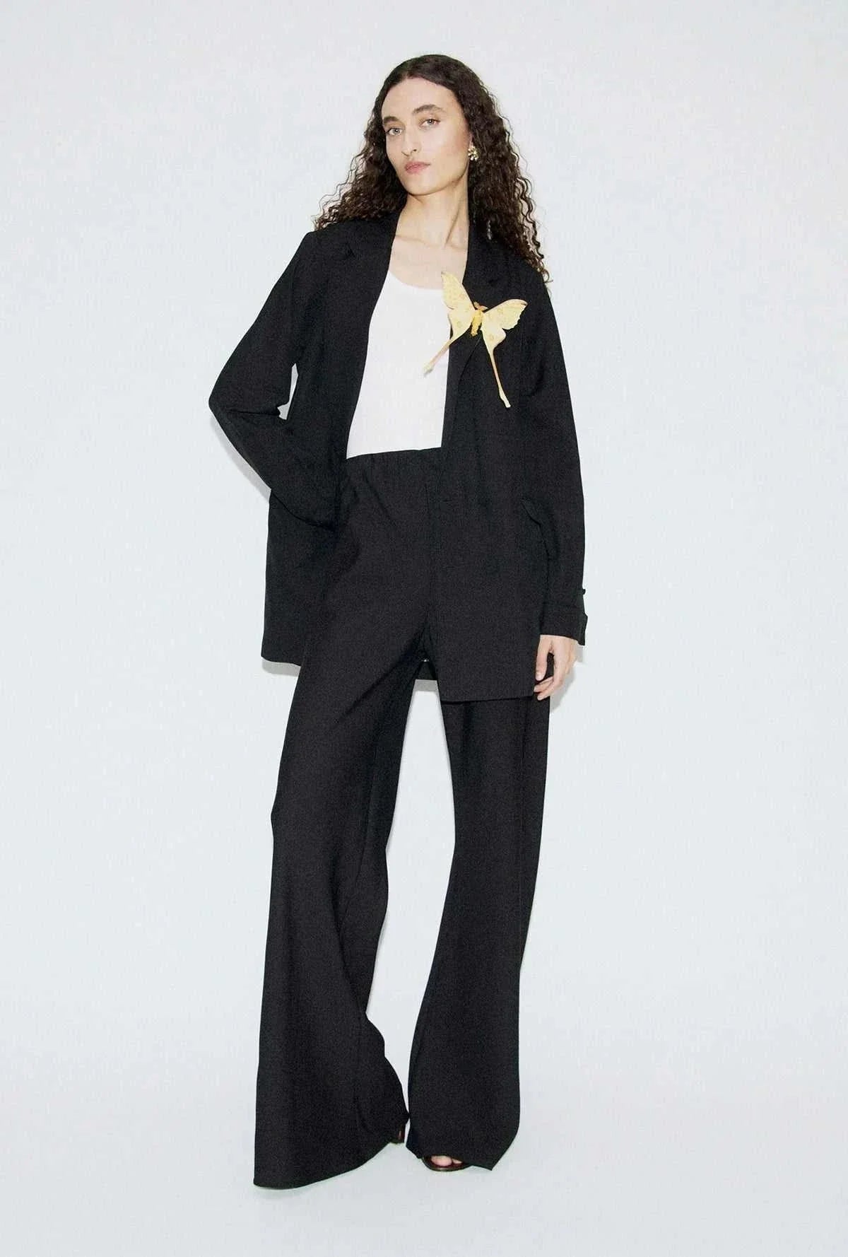 Silk Laundry Wool Silk Wide Legged Bias Cut Pants Black