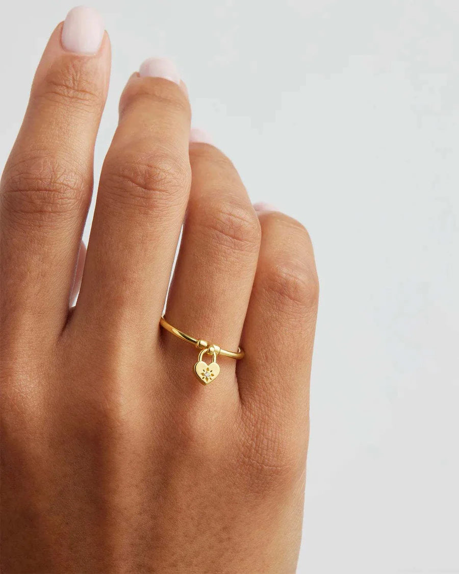 By Charlotte 18k Gold Vermeil Crystal Lotus Heart Padlock Ring