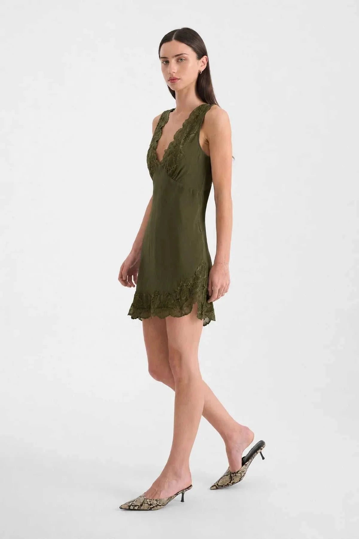 Rowie Annie Silk Mini Dress Olive