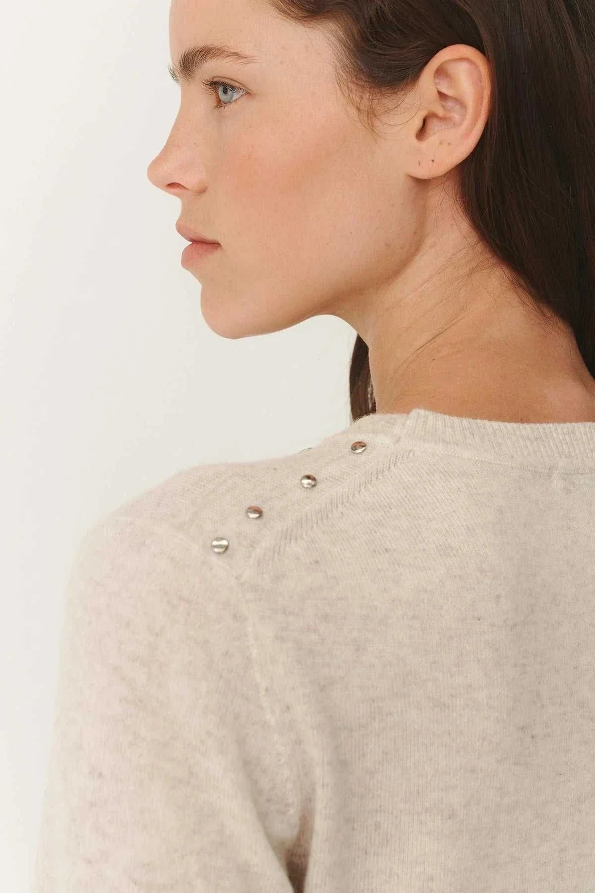 Rowie Emaline Stud Merino Knit Top Oat Marle