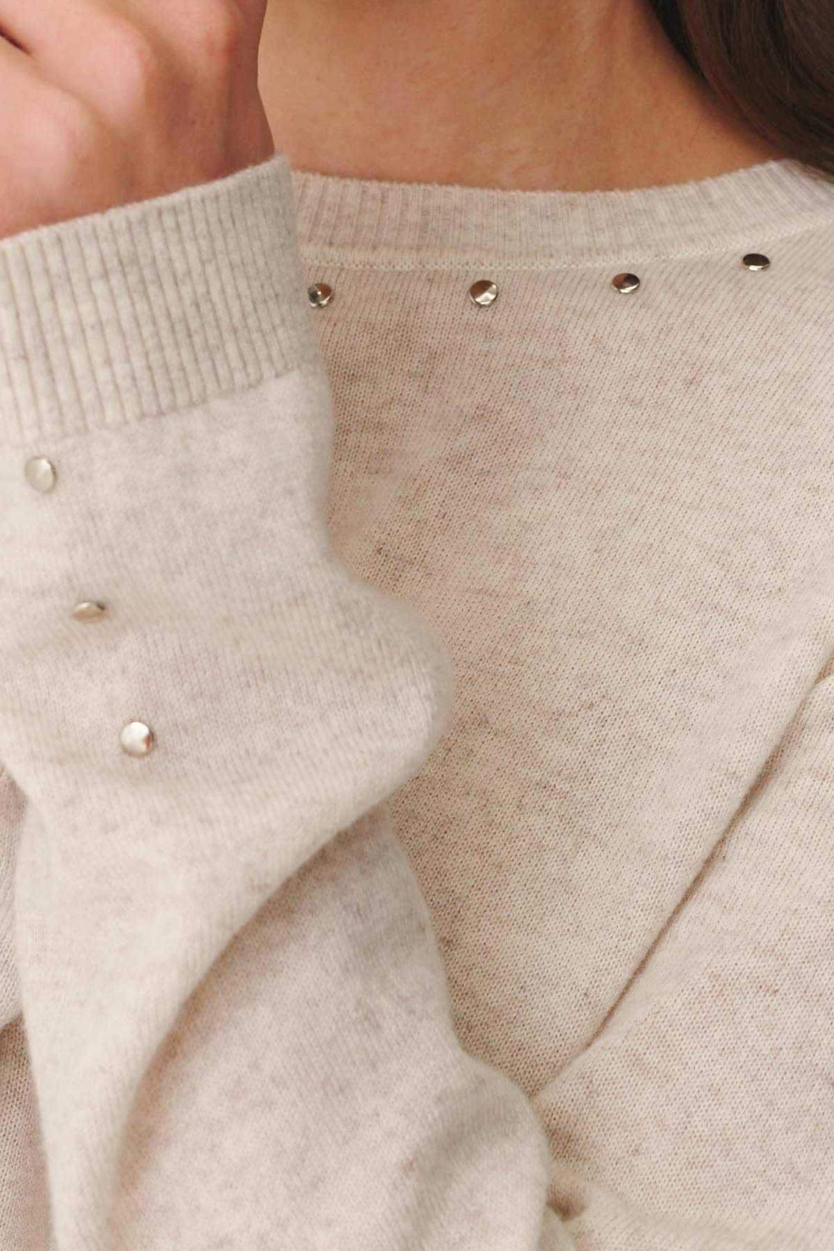 Rowie Emaline Stud Merino Knit Top Oat Marle