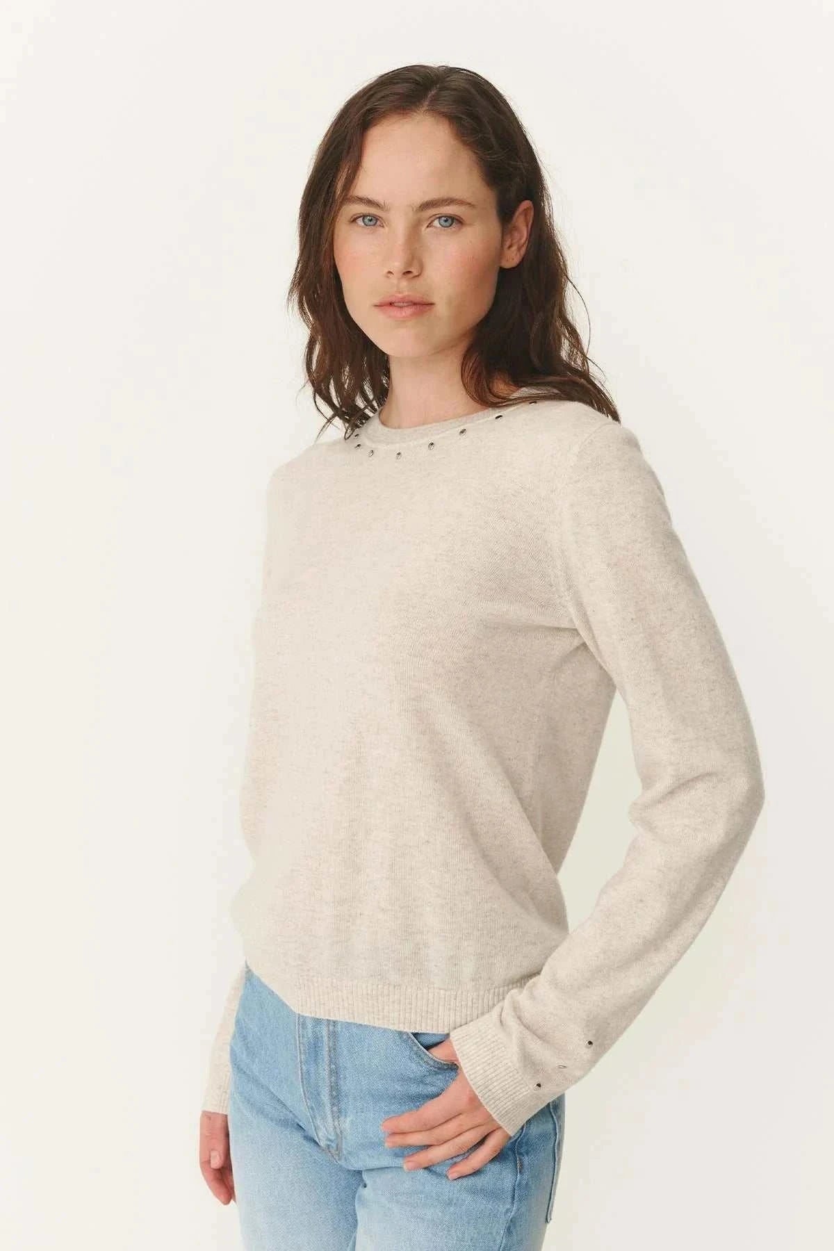 Rowie Emaline Stud Merino Knit Top Oat Marle