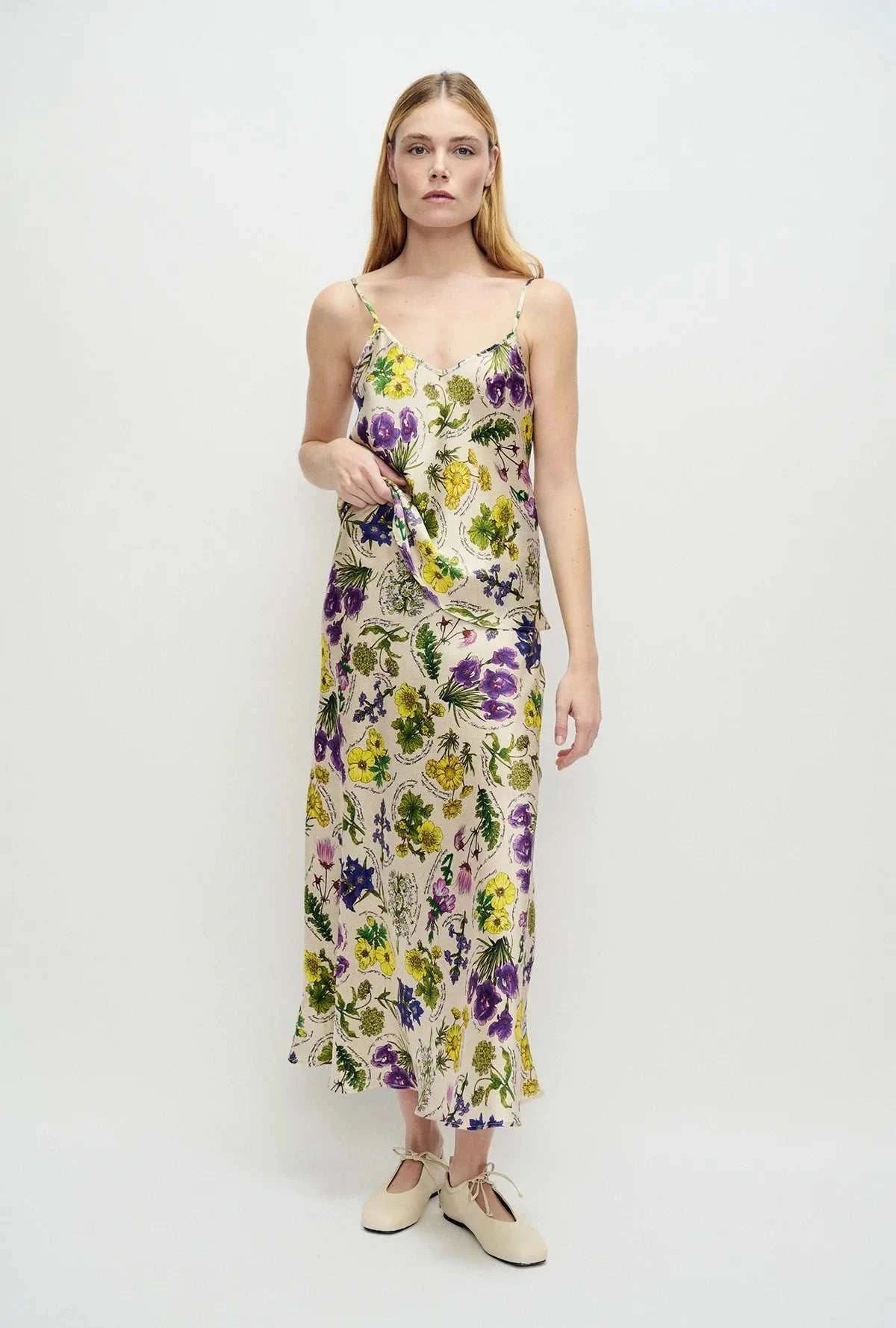Silk Laundry Long Bias Cut Skirt Endangered Flowers