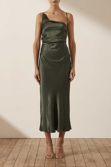 Shona Joy Giorgia Assymetrical Bias Cowl Midi Dress Forest
