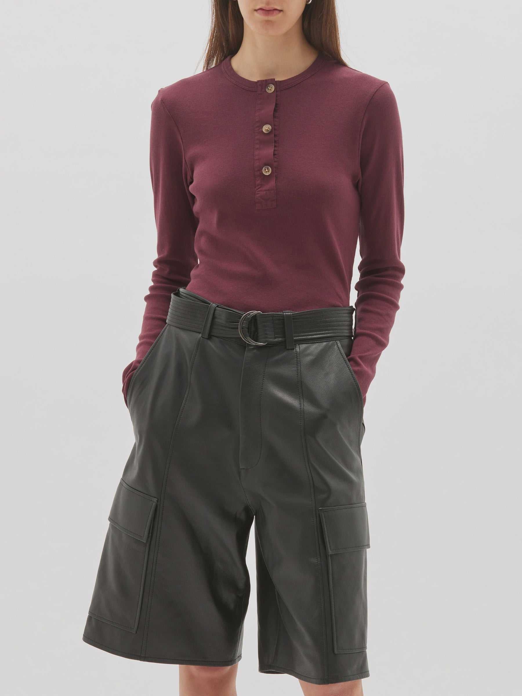 Bassike Rib Contrast Placket Long Sleeve Tee Mulberry