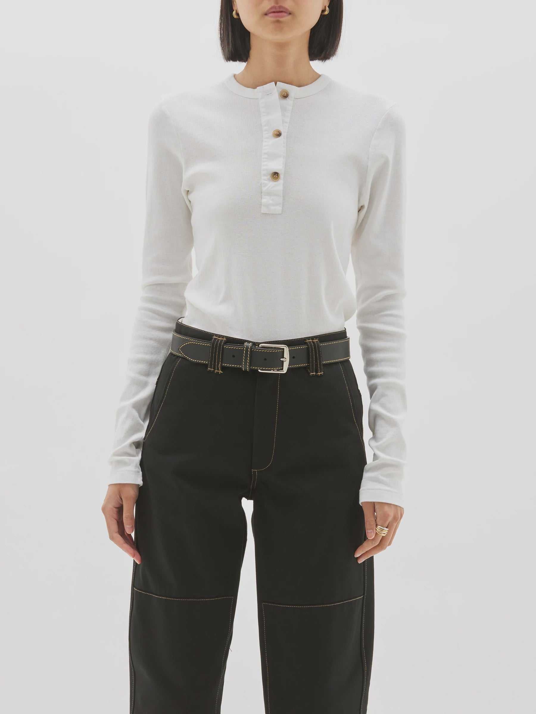 Bassike Rib Contrast Placket Long Sleeve