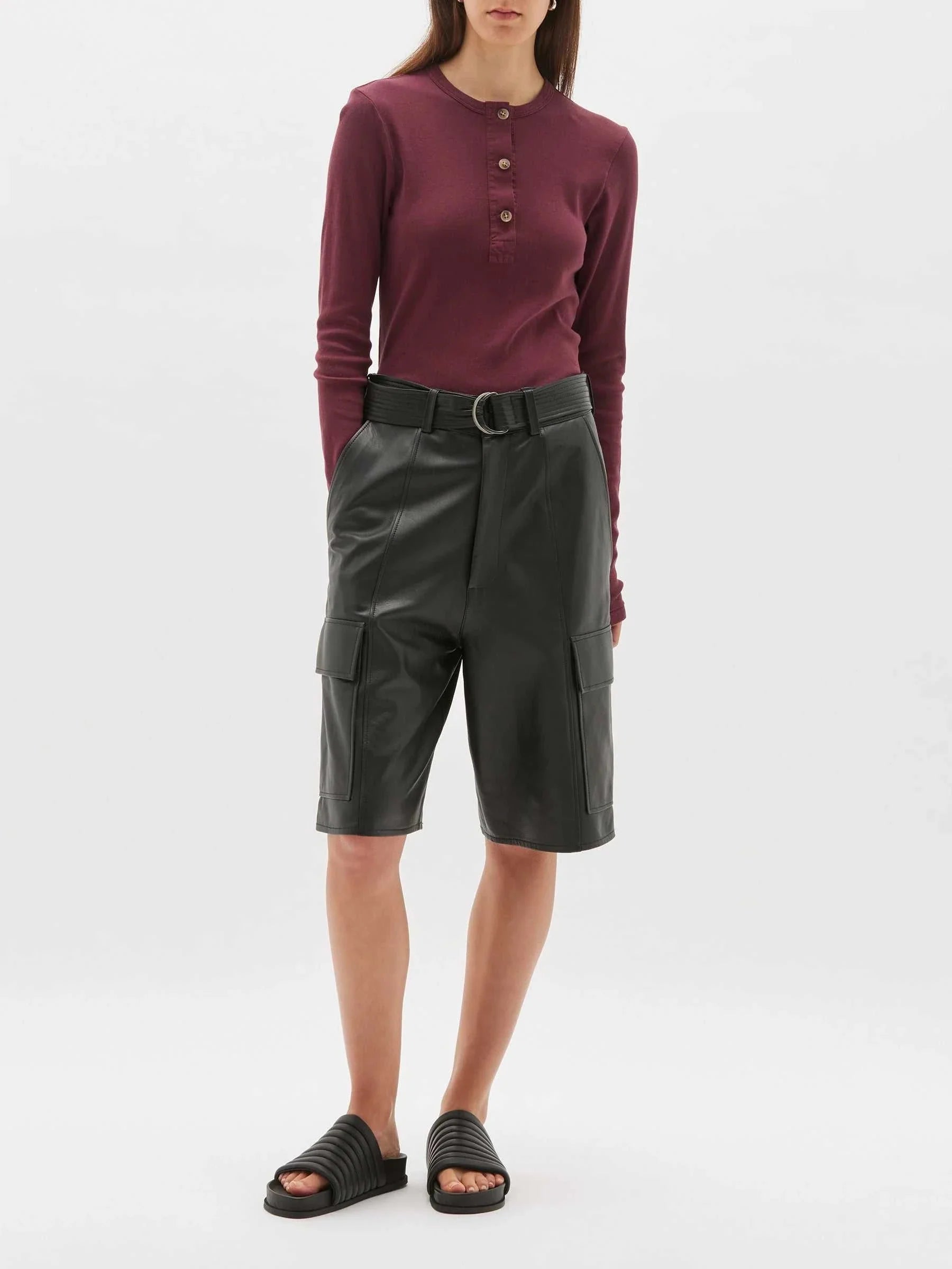 Bassike Rib Contrast Placket Long Sleeve Tee Mulberry