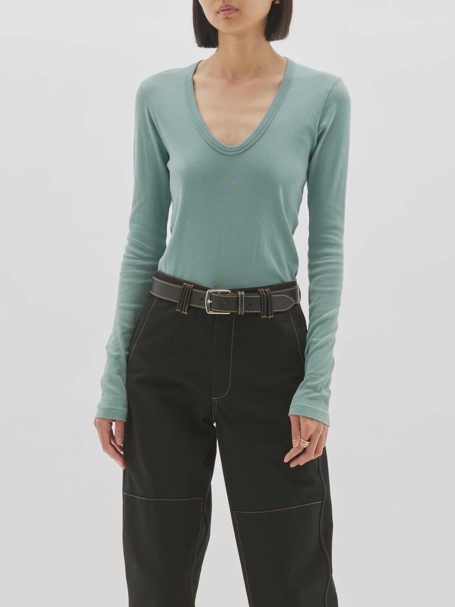 Bassike Slim Rib V Neck Long Sleeve T Shirt Lagoon  