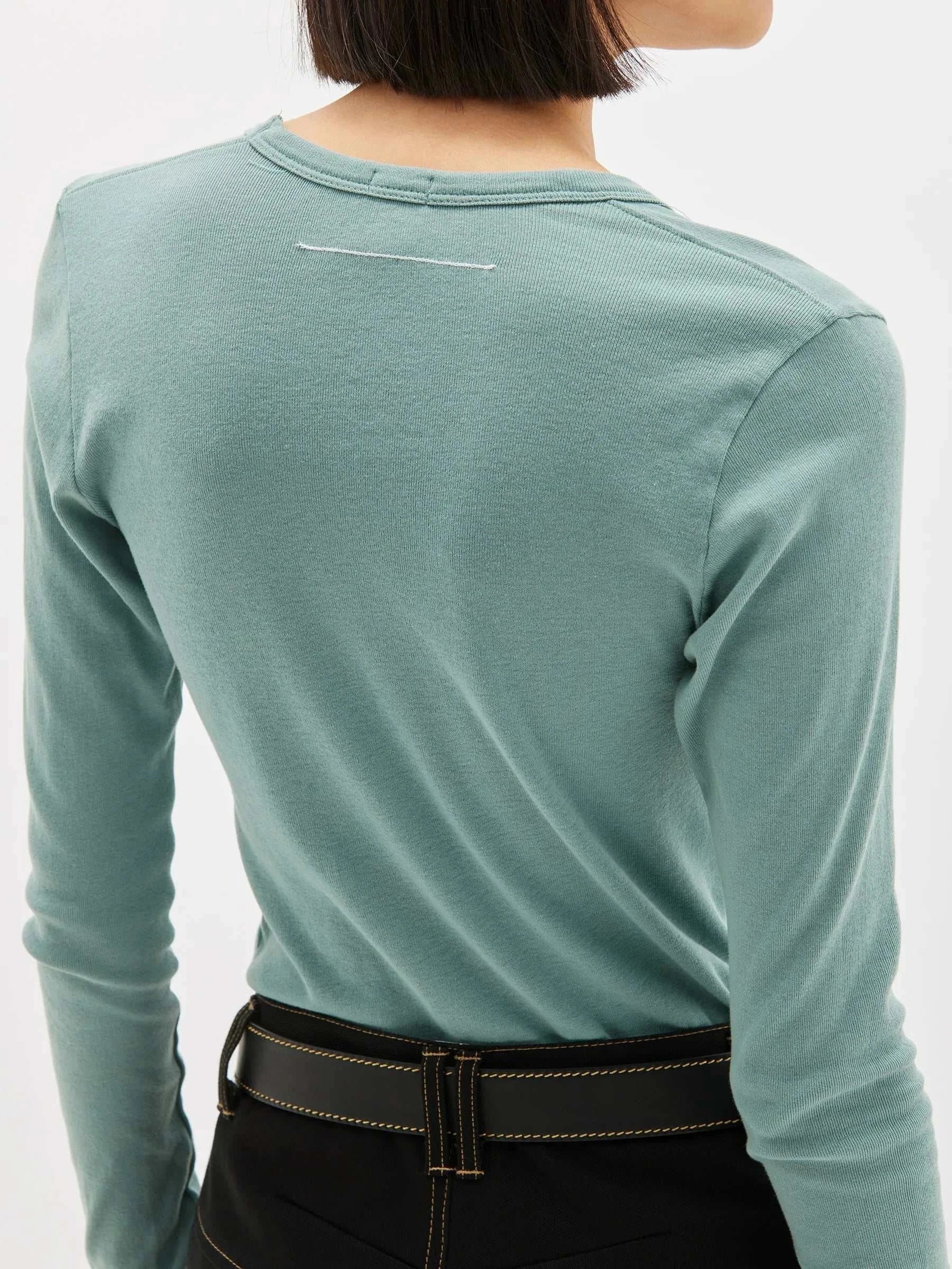 Bassike Slim Rib V Neck Long Sleeve T Shirt Lagoon  