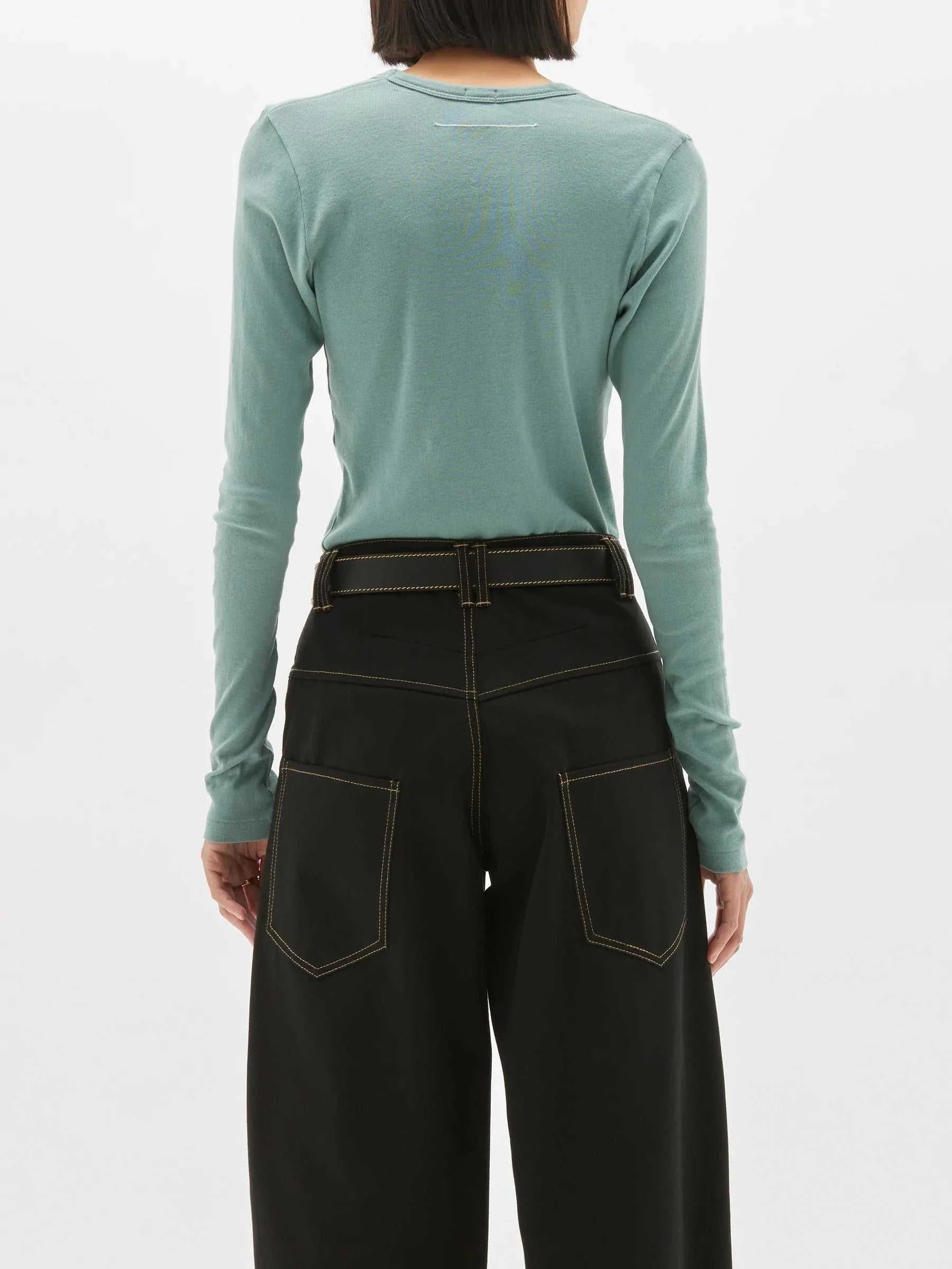 Bassike Slim Rib V Neck Long Sleeve T Shirt Lagoon  
