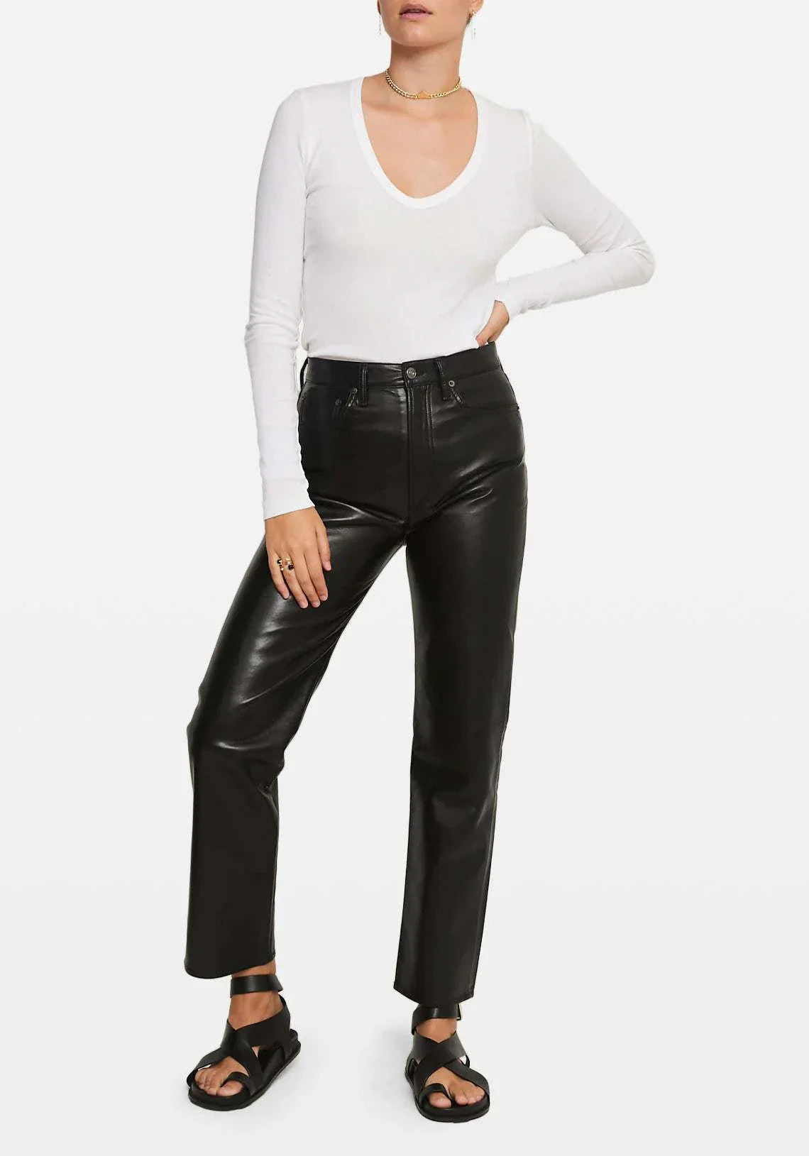 Bassike Slim Rib V Neck Long Sleeve T Shirt White